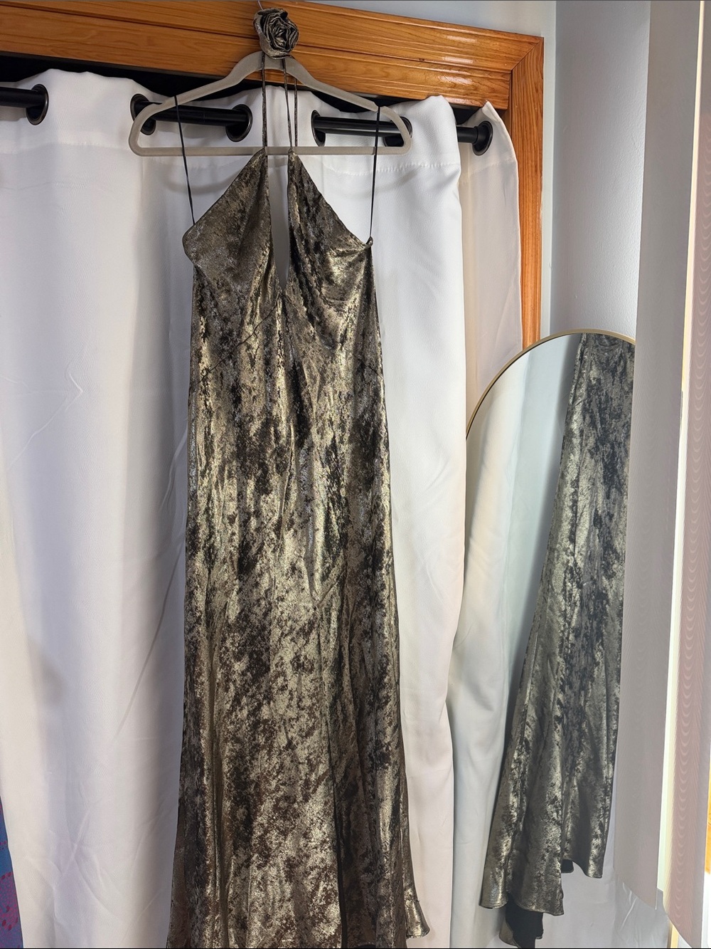 Zara Metallic Olive Halter Maxi Dress